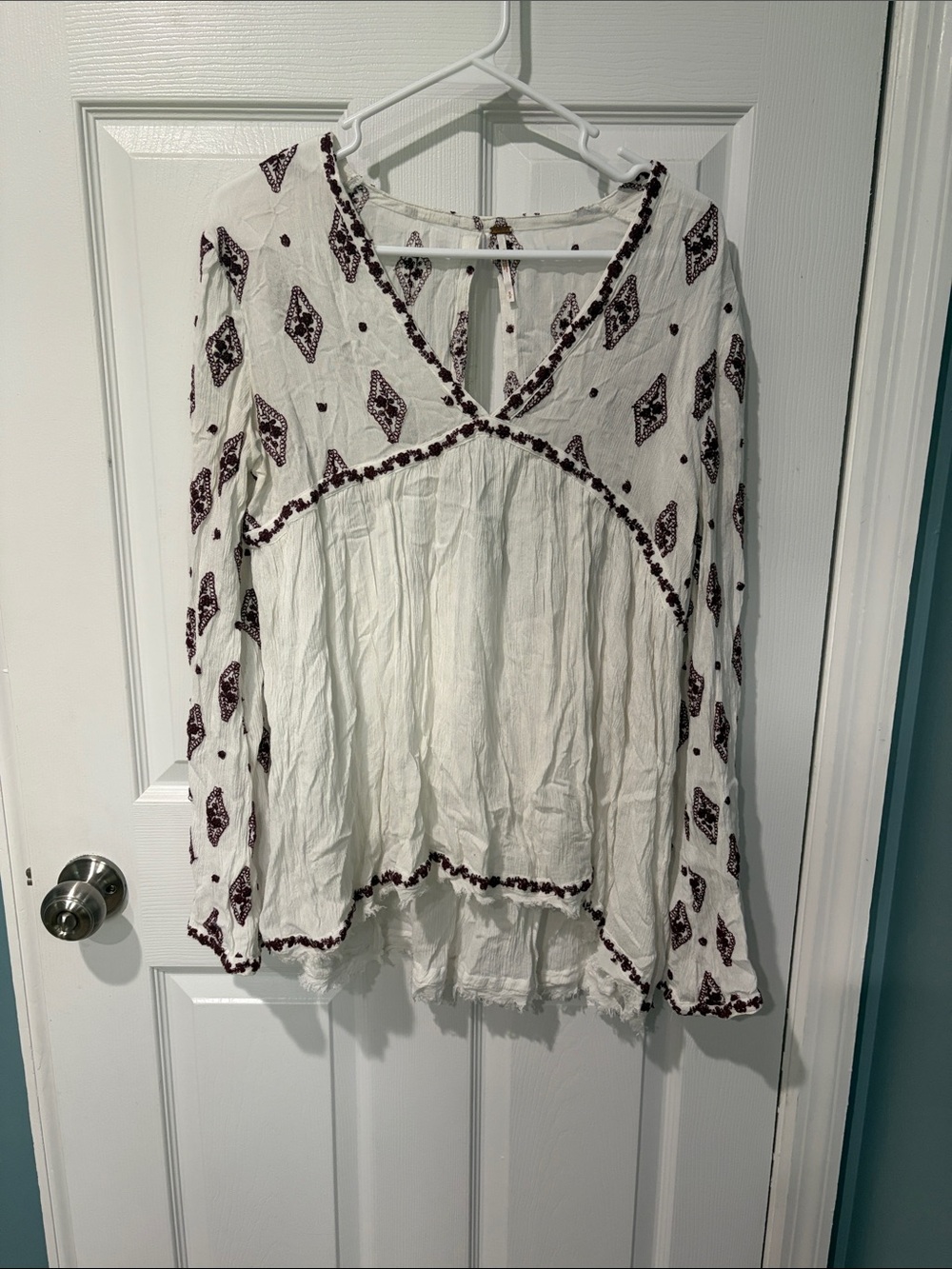 Bohemian White Long-Sleeve Embroidered V-Neck Top